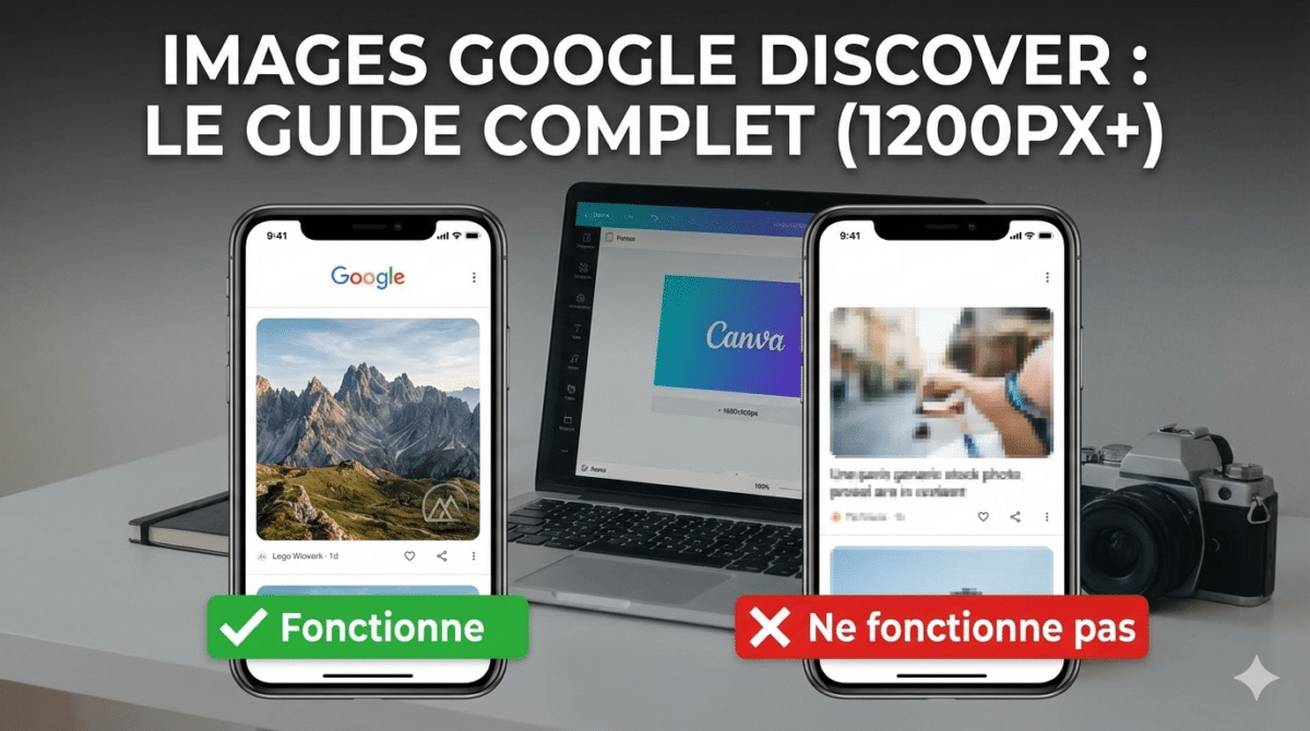 Infographie comparative montrant deux smartphones : celui de gauche affiche une image de haute qualité (montagne) sur Google Discover avec une coche verte 'Fonctionne', tandis que celui de droite montre une image floue et pixélisée avec une croix rouge 'Ne fonctionne pas'. Un ordinateur portable avec Canva et un appareil photo sont en arrière-plan, illustrant les bonnes pratiques pour les images Google Discover (1200px+).
