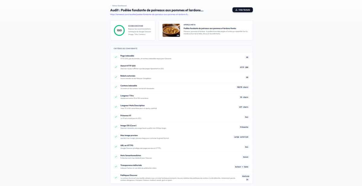 Capture d'écran d'un tableau de bord d'audit SEO pour l'article de recette 'Poêlée automnale de légumes racines et champignons aux herbes'. Le score Discover est de 100 sur 100, avec le message 'Parfait ! Tous les critères sont respectés pour Google Discover'. La section 'Aperçu Meta' montre l'image de couverture et la description. La liste des 'Critères de conformité' affiche tous les tests comme réussis : Page indexable (OK), Statut HTTP 200 (HTTP 200), Robots autorisés (OK), Contenu indexable (1038 mots), Longueur Titre (38 caractères), Longueur Meta Description (135 caractères), Présence H1 (Oui), Image OG (Cover) (Présente), Max image preview (Large autorisé), URL en HTTPS (Oui), Mots Sensationnalistes (Aucun), Transparence éditoriale (Auteur + Date), et Politiques Discover (Analyse IA).