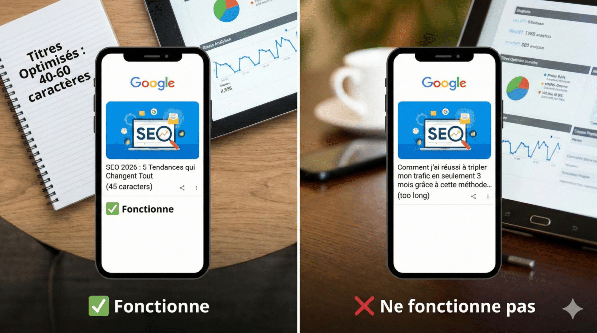 Image comparative montrant deux smartphones avec des résultats Google Discover. À gauche, un titre court et optimisé (45 caractères) est validé par une coche verte ("Fonctionne"). À droite, un titre trop long et tronqué est rejeté par une croix rouge ("Ne fonctionne pas"). Un carnet de notes en arrière-plan indique "Titres Optimisés : 40-60 caractères".