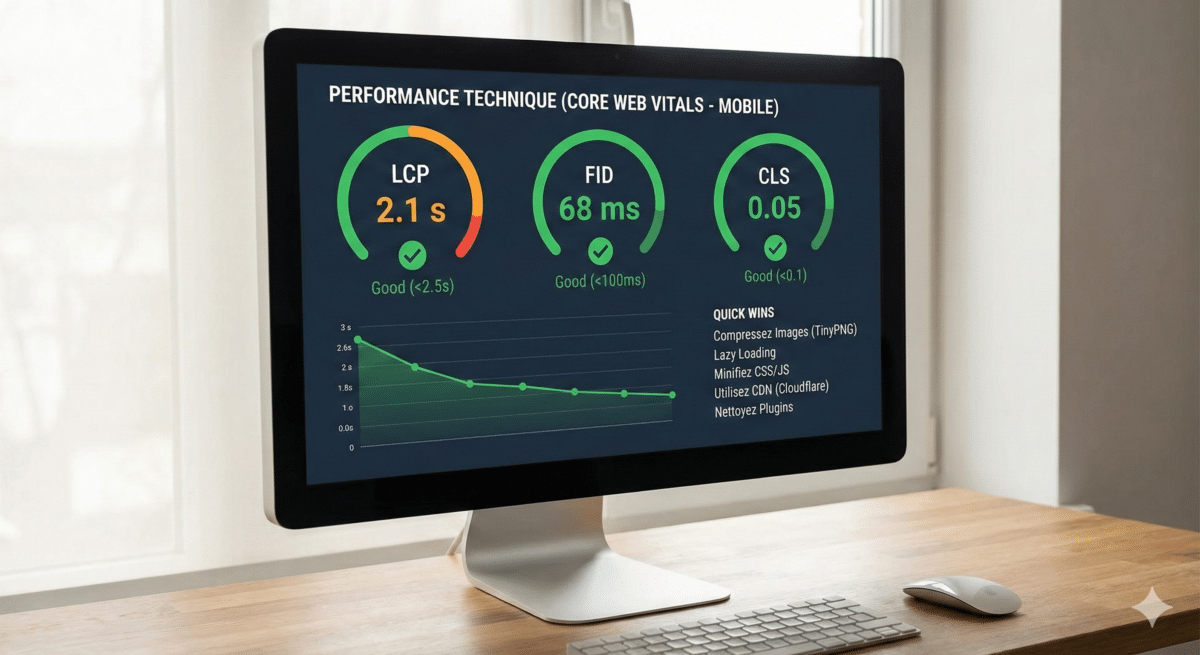 Tableau de bord sur écran d'ordinateur montrant les performances techniques (Core Web Vitals - Mobile) avec des scores 'Bons' pour LCP (2.1s), FID (68ms) et CLS (0.05), ainsi qu'une liste de 'Quick Wins' pour l'optimisation.